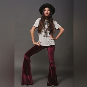 Free People Red Crushed Velvet Elasticated Flared Boho Pants Small Petite